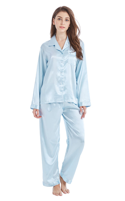 Women's Silk Satin Pajama Set Long Sleeve-Light Blue with White Piping