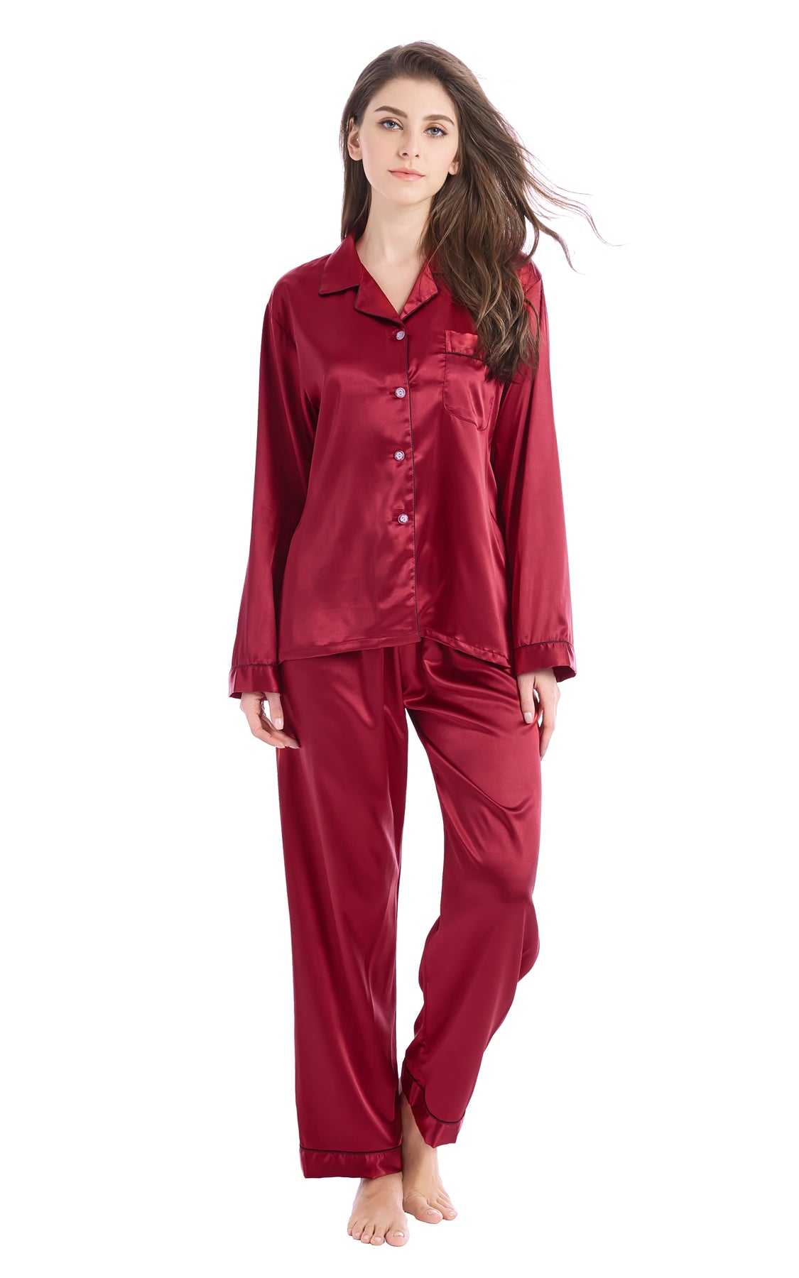 Women's Silk Satin Pajama Set Long SleeveBurgundy with Black Piping
