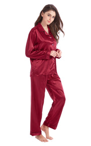Women's Silk Satin Pajama Set Long Sleeve-Burgundy with Black Piping