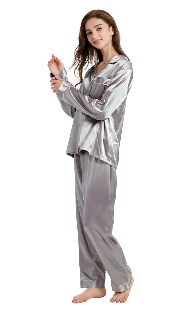 Women's Silk Satin Pajama Set Long Sleeve-Gray with White Piping