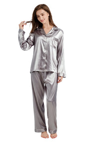 Women's Silk Satin Pajama Set Long Sleeve-Gray with White Piping