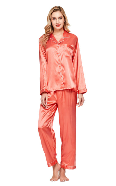 Women's Silk Satin Pajama Set Long Sleeve-Living Coral with White Piping