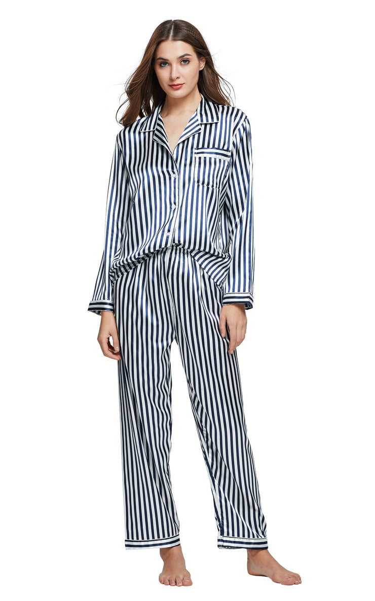 Women's Silk Satin Pajama Set Long Sleeve-Navy and White Striped