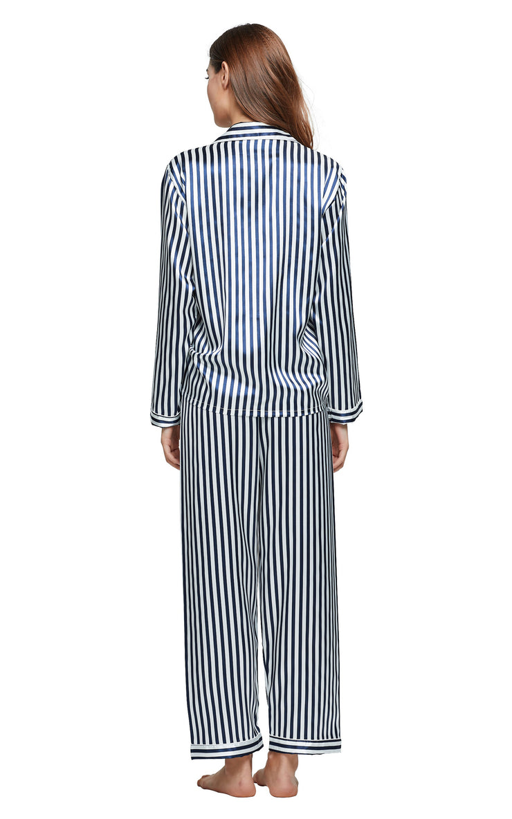 Women's Silk Satin Pajama Set Long Sleeve-Navy and White Striped