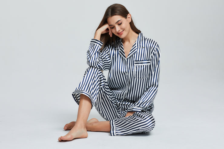 Women's Silk Satin Pajama Set Long Sleeve-Navy and White Striped