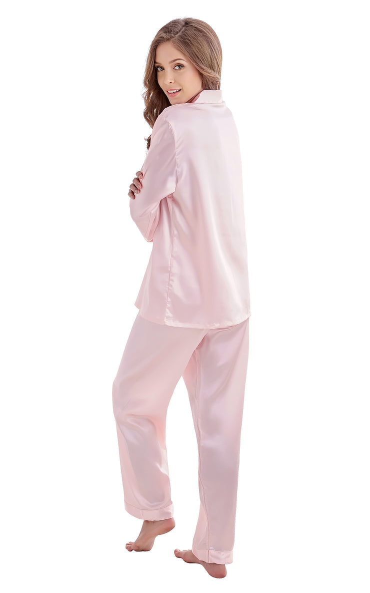 Women's Silk Satin Pajama Set Long Sleeve-Light Pink with White Piping