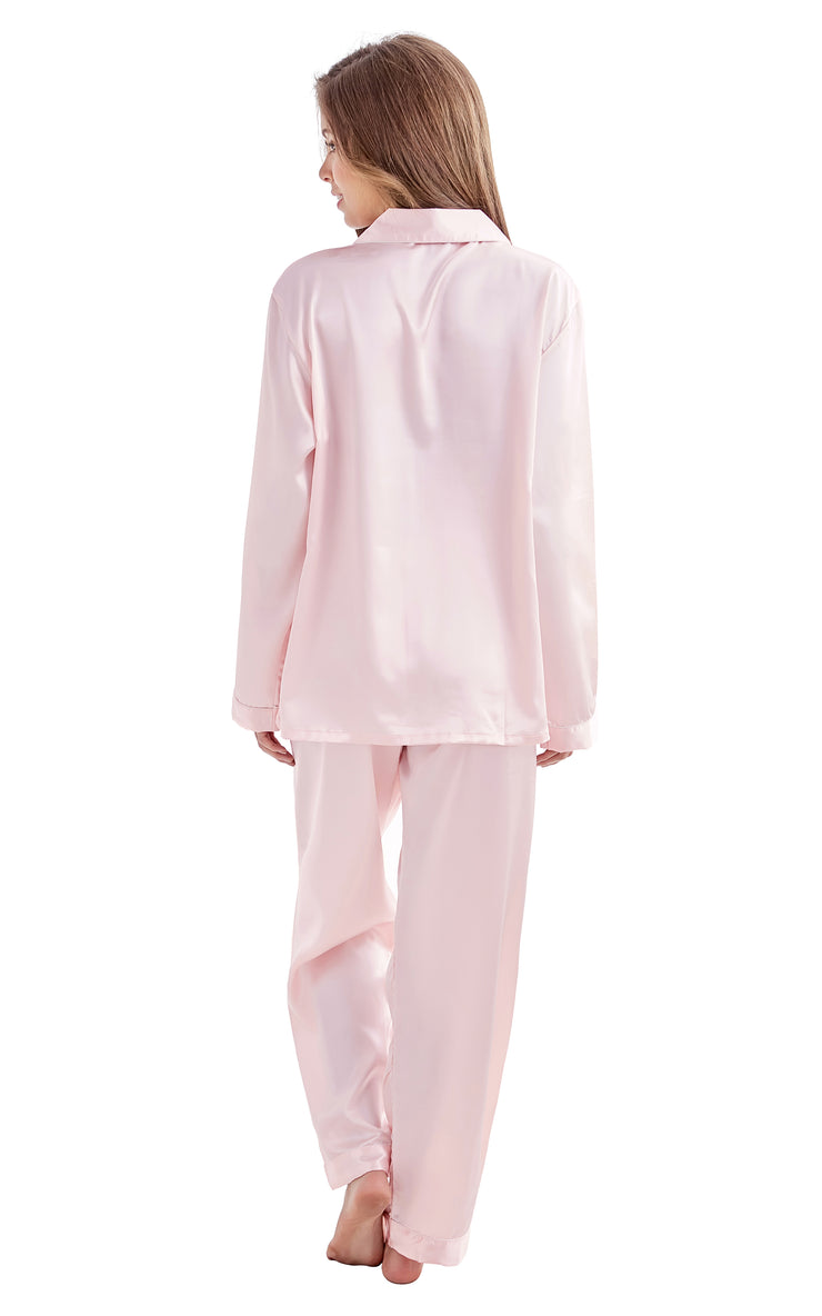 Women's Silk Satin Pajama Set Long Sleeve-Light Pink with White Piping