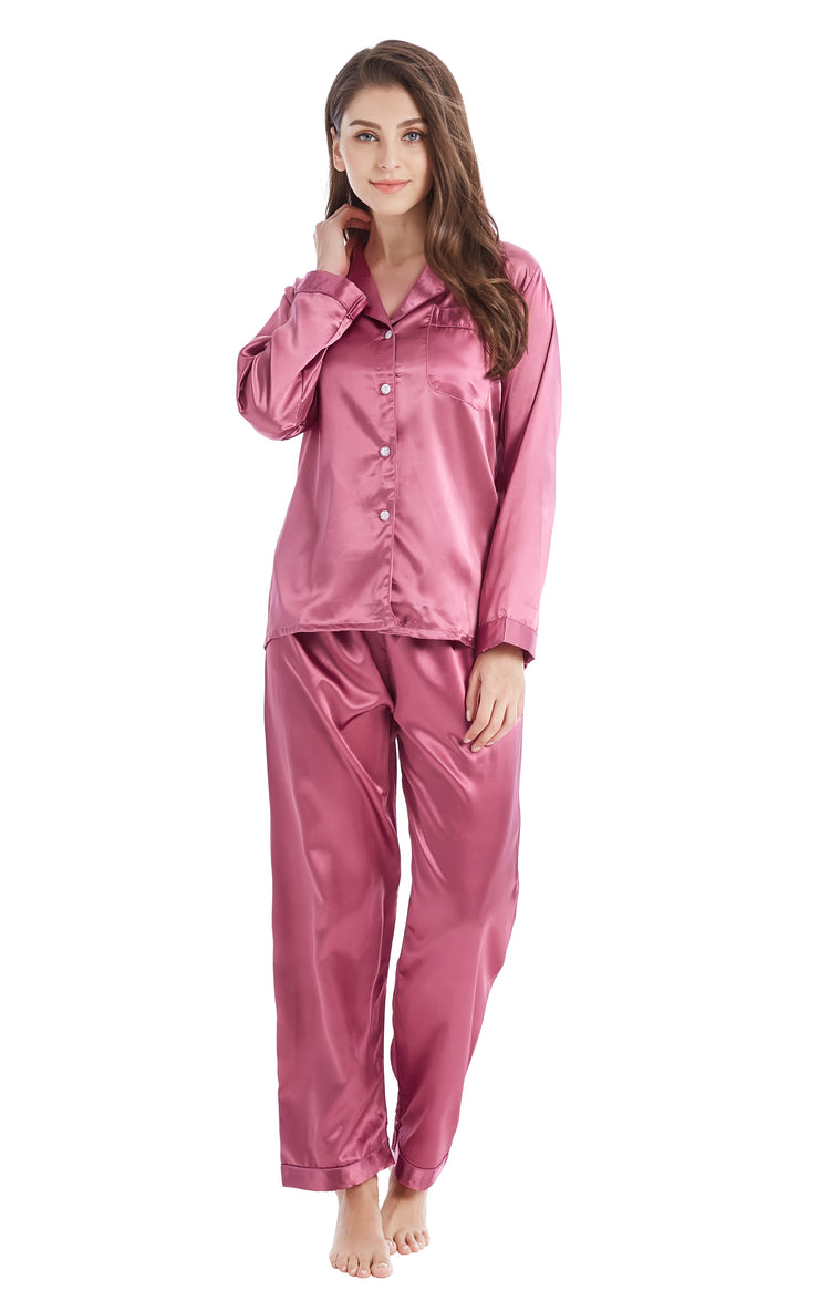 Women's Silk Satin Pajama Set Long Sleeve-Soft Plum