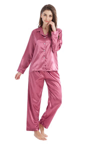 Women's Silk Satin Pajama Set Long Sleeve-Soft Plum