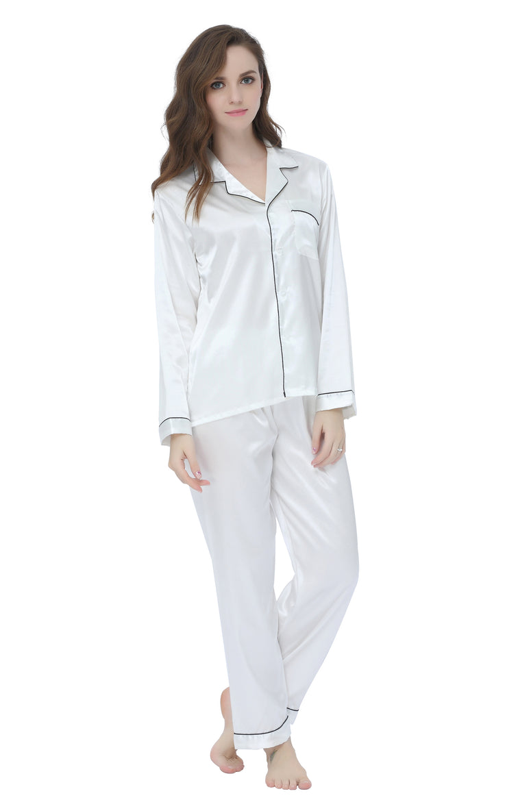 Women's Silk Satin Pajama Set Long Sleeve-White with Black Piping