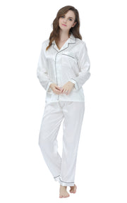 Women's Silk Satin Pajama Set Long Sleeve-White with Black Piping