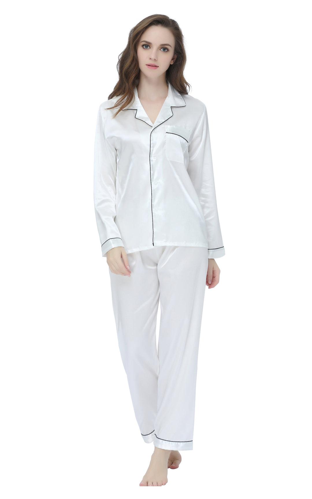 Women s Silk Satin Pajama Set Long Sleeve White with Black Piping Tony Candice