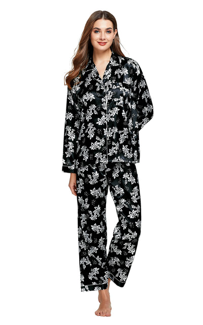 Women's Silk Satin Pajama Set Long Sleeve-Black with White Floral Print
