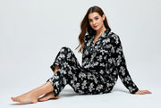 Women's Silk Satin Pajama Set Long Sleeve-Black with White Floral Print