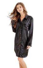 Women's Satin Nightshirt Boyfriend Style Sleep Shirt-Black