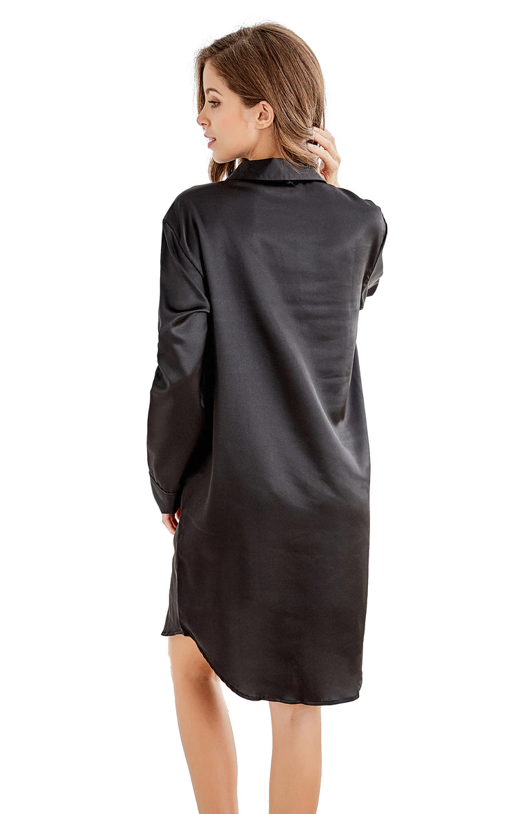 Women's Satin Nightshirt Boyfriend Style Sleep Shirt-Black