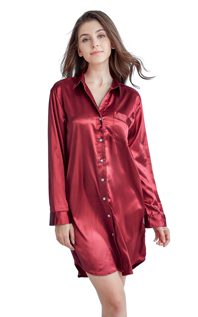 Women's Satin Nightshirt Boyfriend Style Sleep Shirt-Burgundy – Tony &  Candice