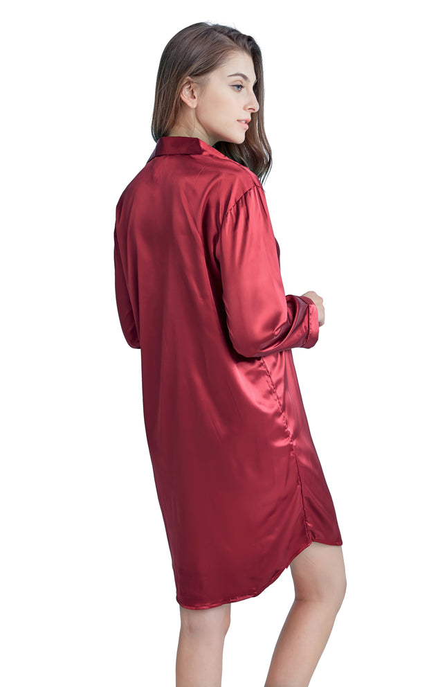 Women's Satin Nightshirt Boyfriend Style Sleep Shirt-Burgundy