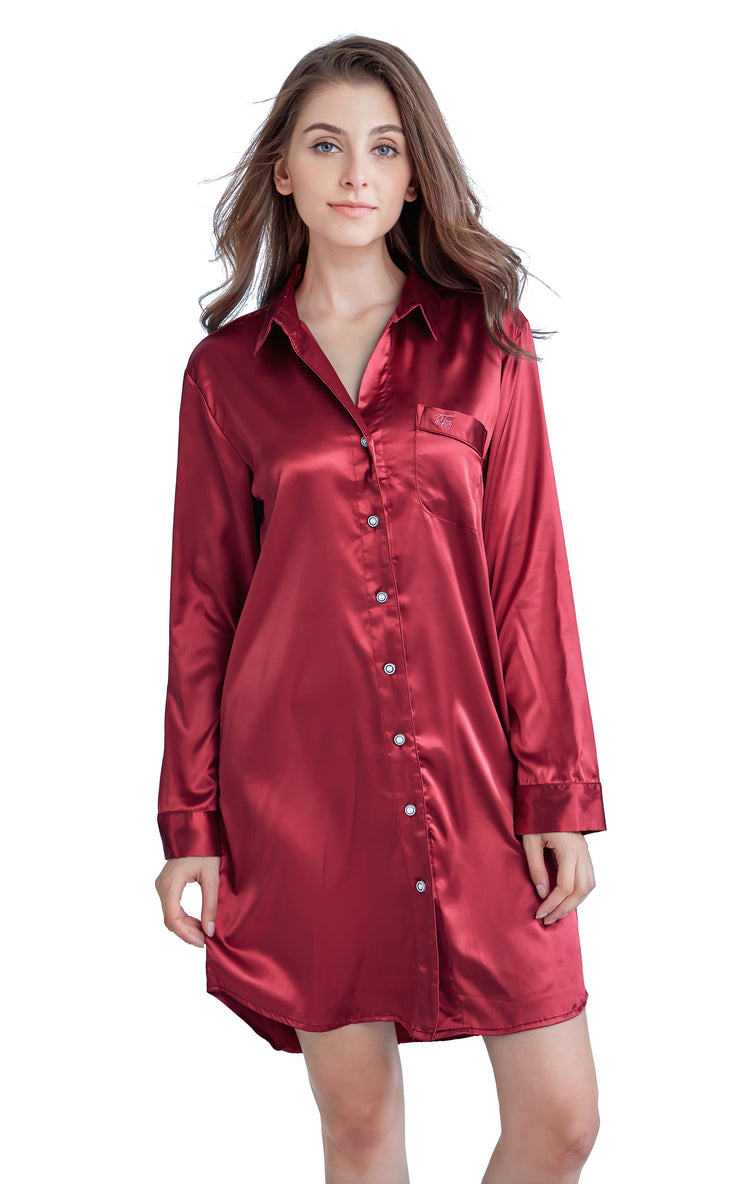 Women's Satin Nightshirt Boyfriend Style Sleep Shirt-Burgundy
