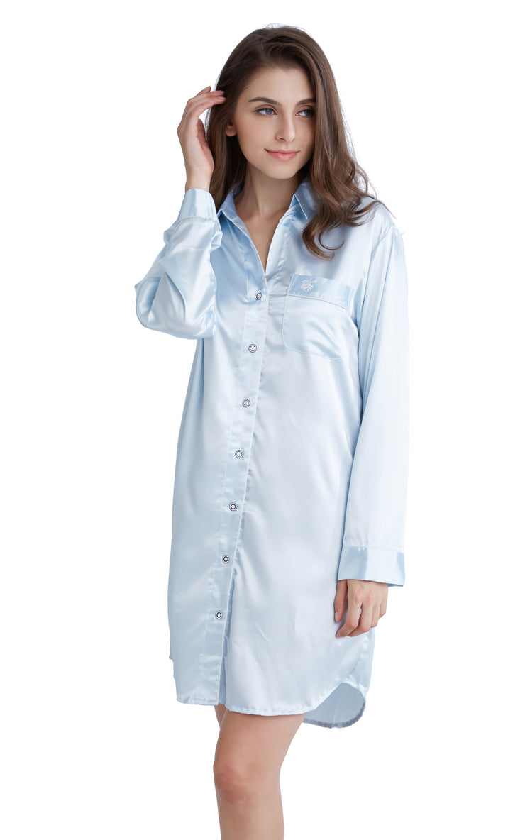 Women's Satin Nightshirt Boyfriend Style Sleep Shirt-Light Blue with White Piping