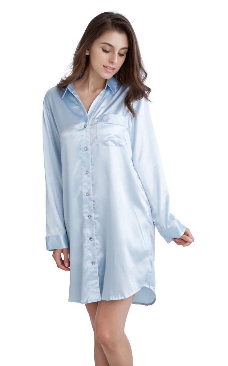satin sleep shirt dress Women's Bedtime Stretch Satin Long Sleeve Pajama Sleep Shirt in Black Size Small