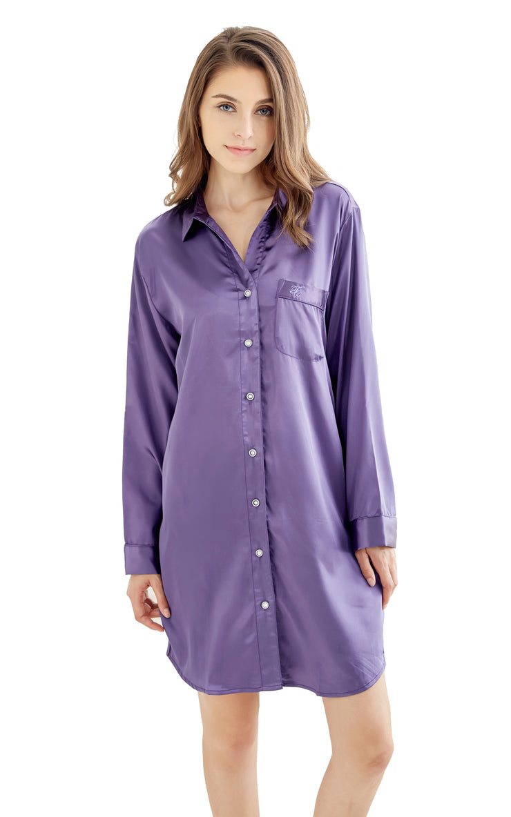 Women's Satin Nightshirt Boyfriend Style Sleep Shirt-Purple