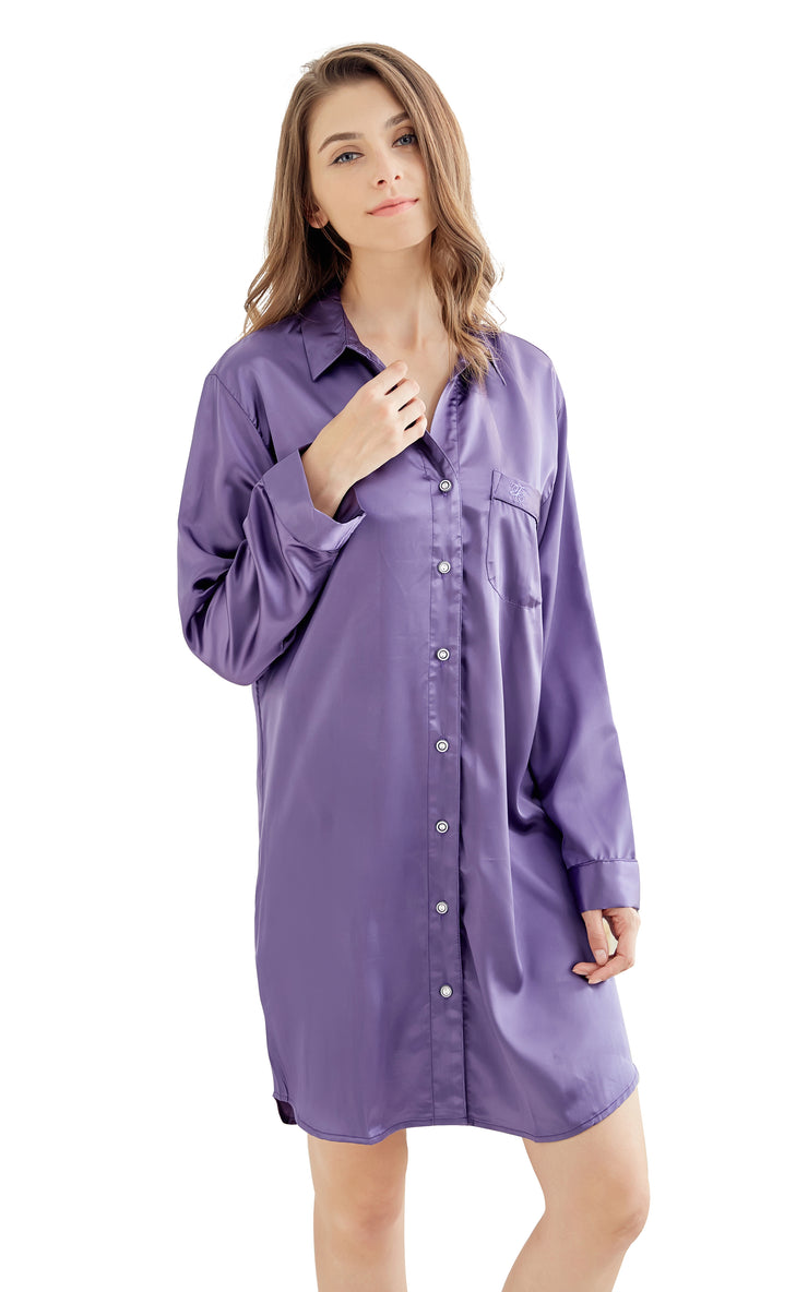 Women's Satin Nightshirt Boyfriend Style Sleep Shirt-Purple