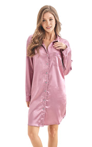 Women's Satin Nightshirt Boyfriend Style Sleep Shirt-Soft Plum