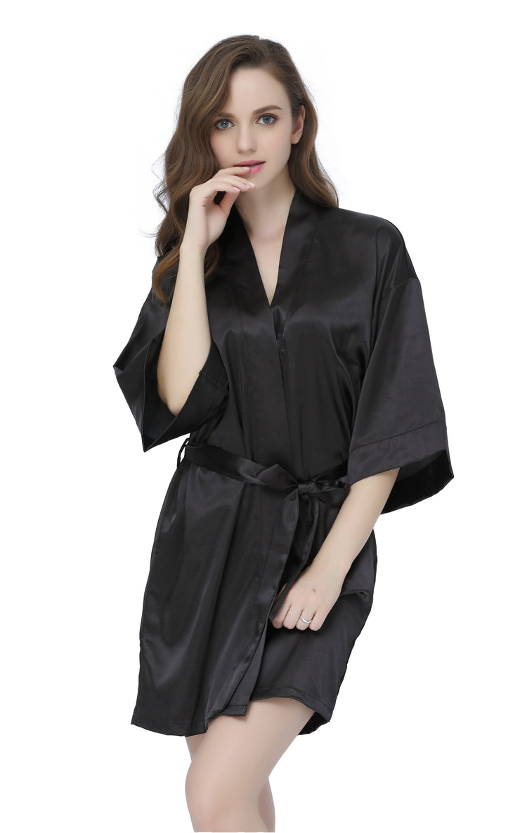 Women's Satin Short Kimono Robes-Black