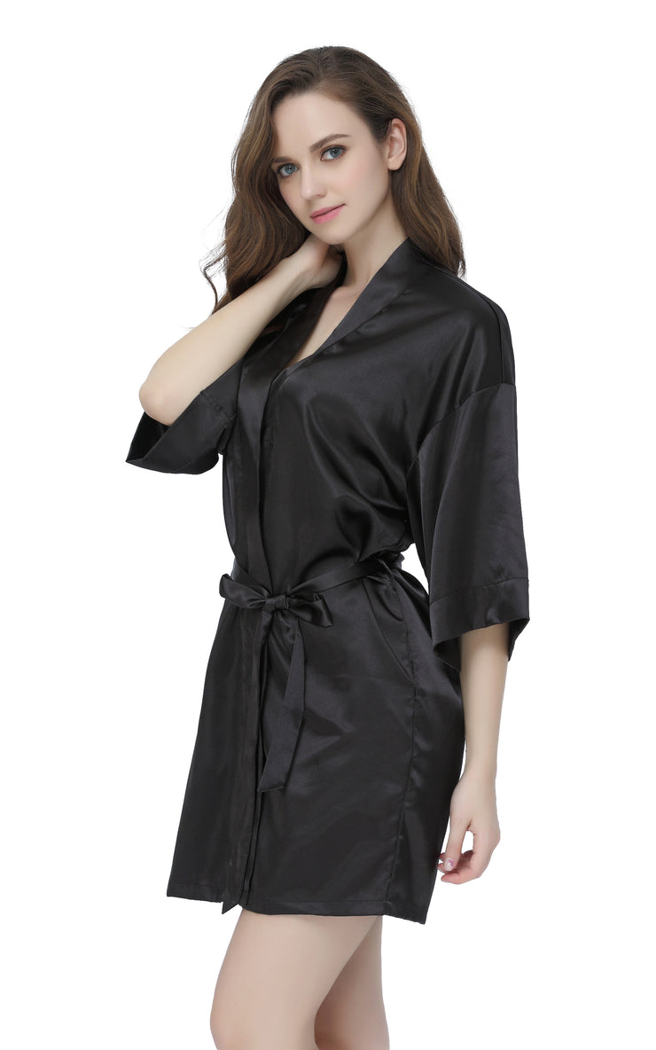 Women's Satin Short Kimono Robes-Black