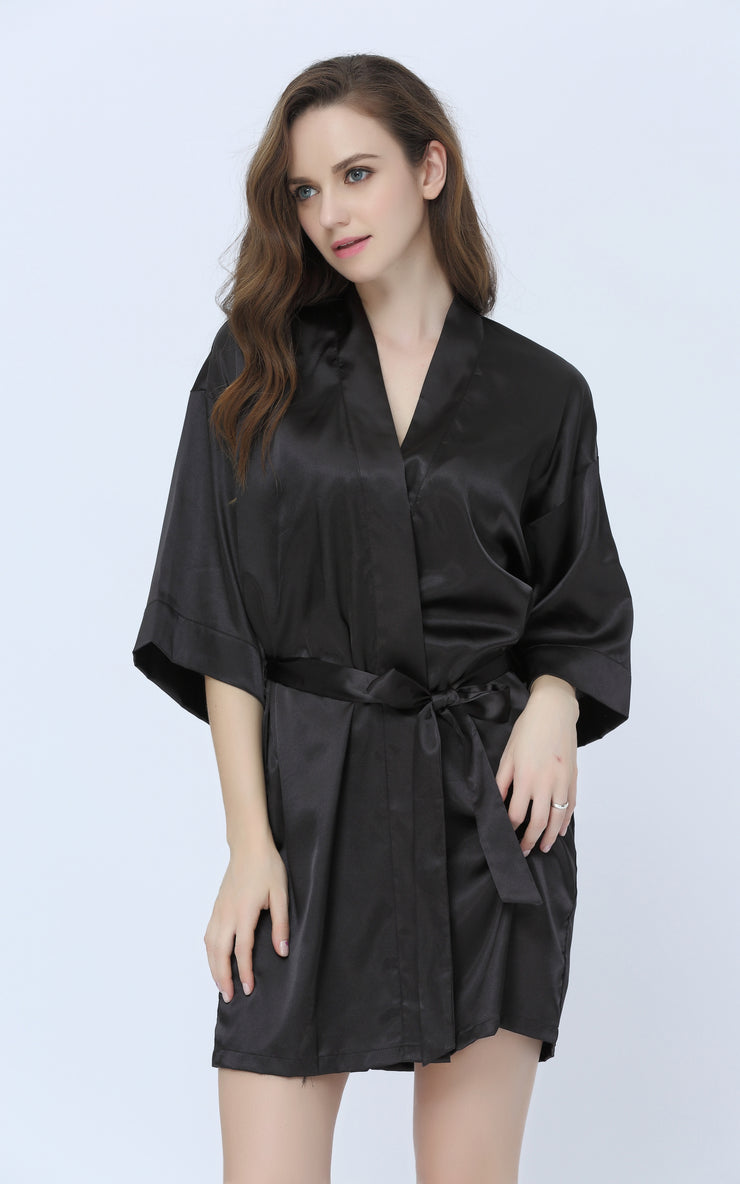 Women's Satin Short Kimono Robes-Black