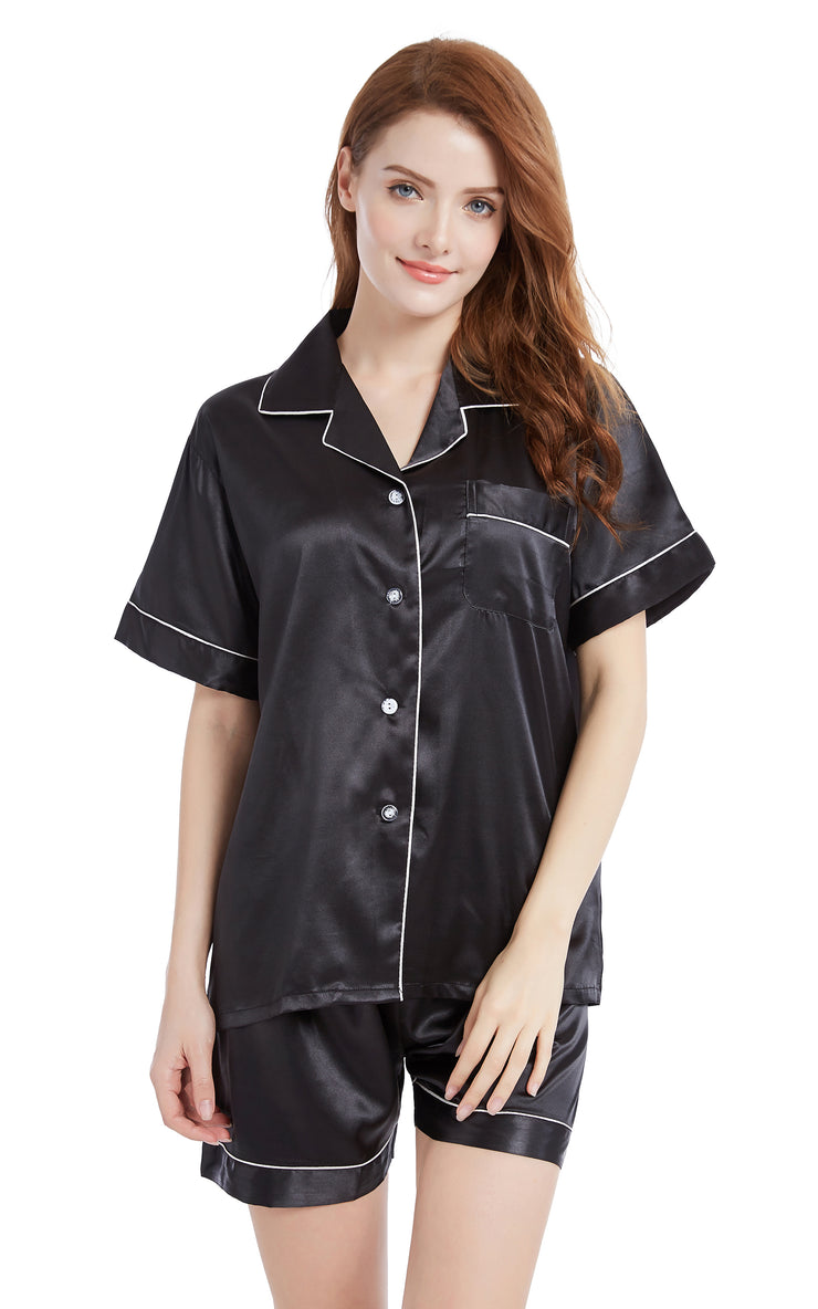 Women's Silk Satin Pajama Set Short Sleeve- Black with White Piping