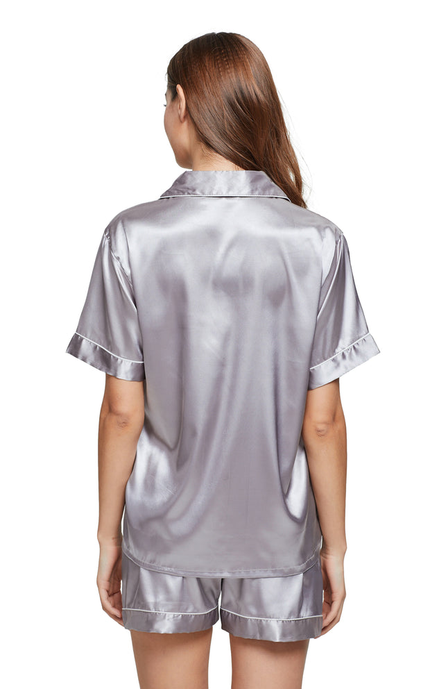 Women's Silk Satin Pajama Set Short Sleeve- Gray with White Piping