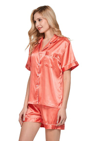Women's Silk Satin Pajama Set Short Sleeve- Living Coral with White Piping