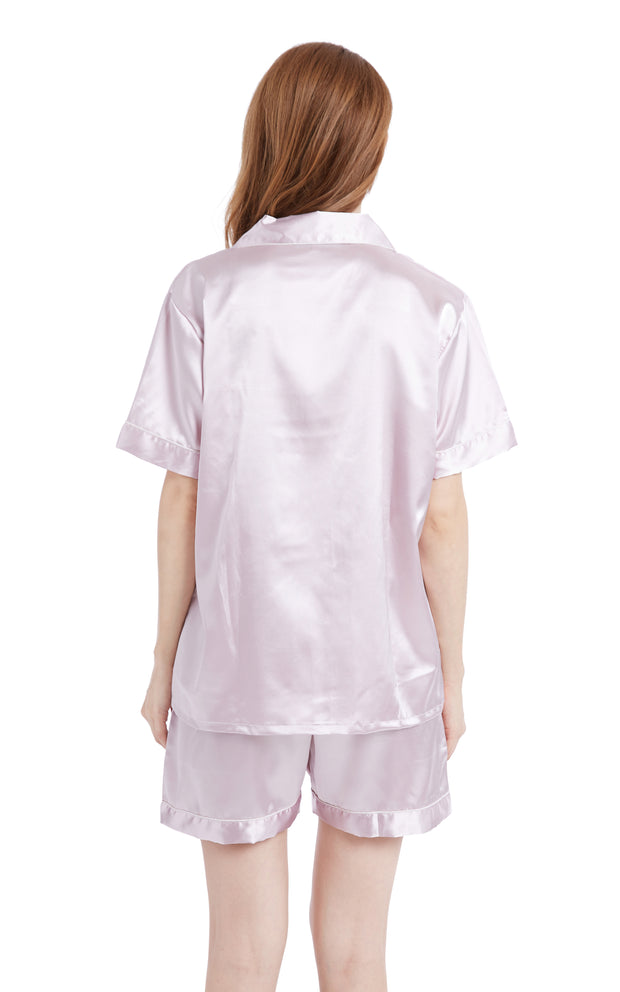 Women's Silk Satin Pajama Set Short Sleeve- Light Pink with White Piping