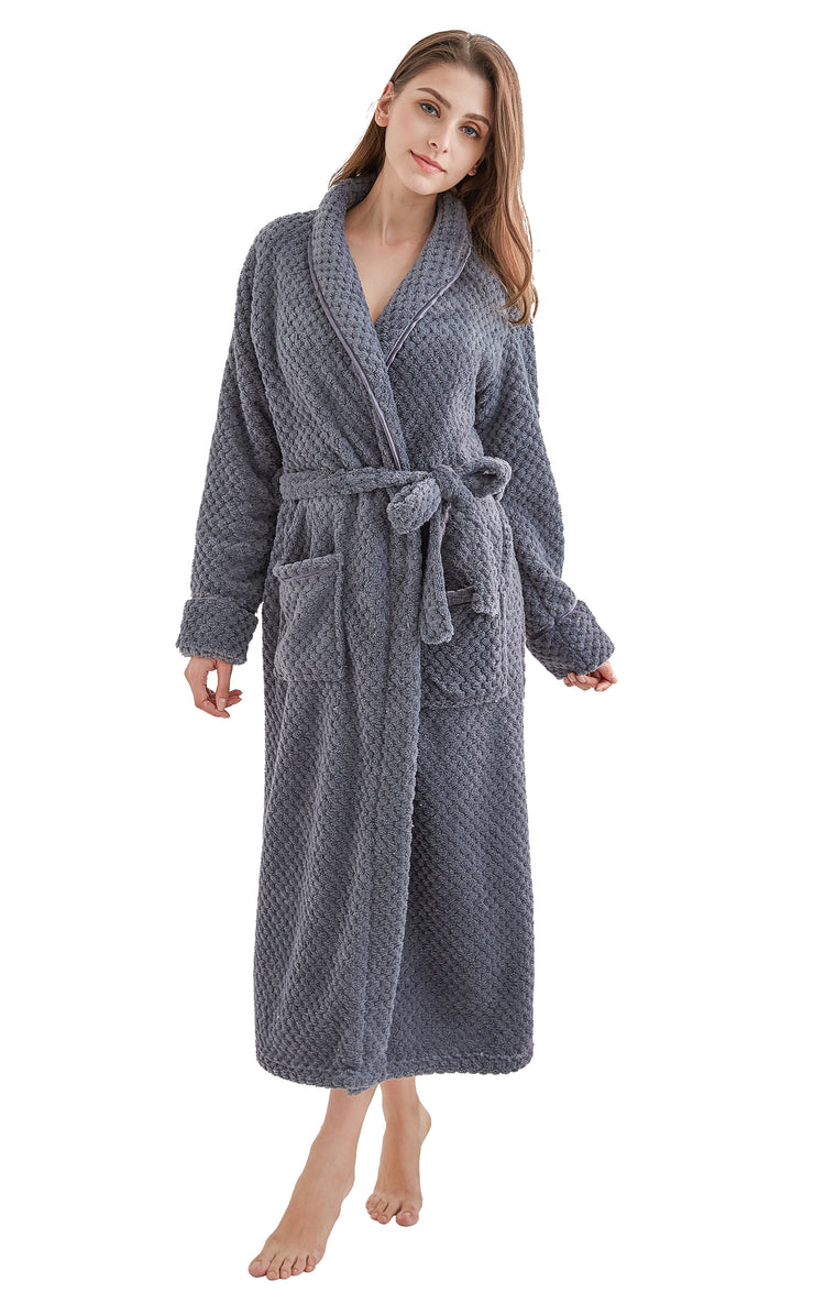 Women's Plush Fleece Robe, Warm Long Bathrobe-Gray (Ship to US Address ONLY)