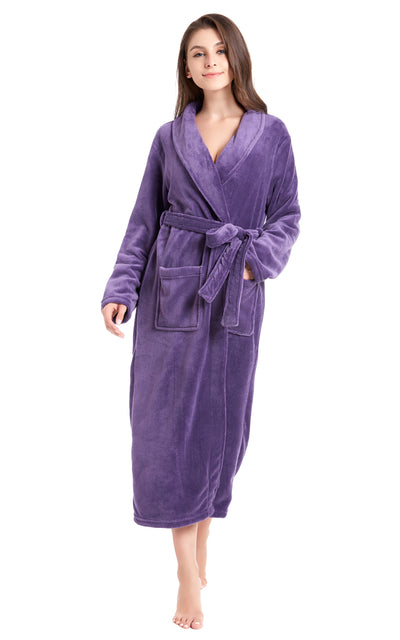 Women's Plush Fleece Robe, Warm Long Bathrobe-Purple (Ship to US Address ONLY)