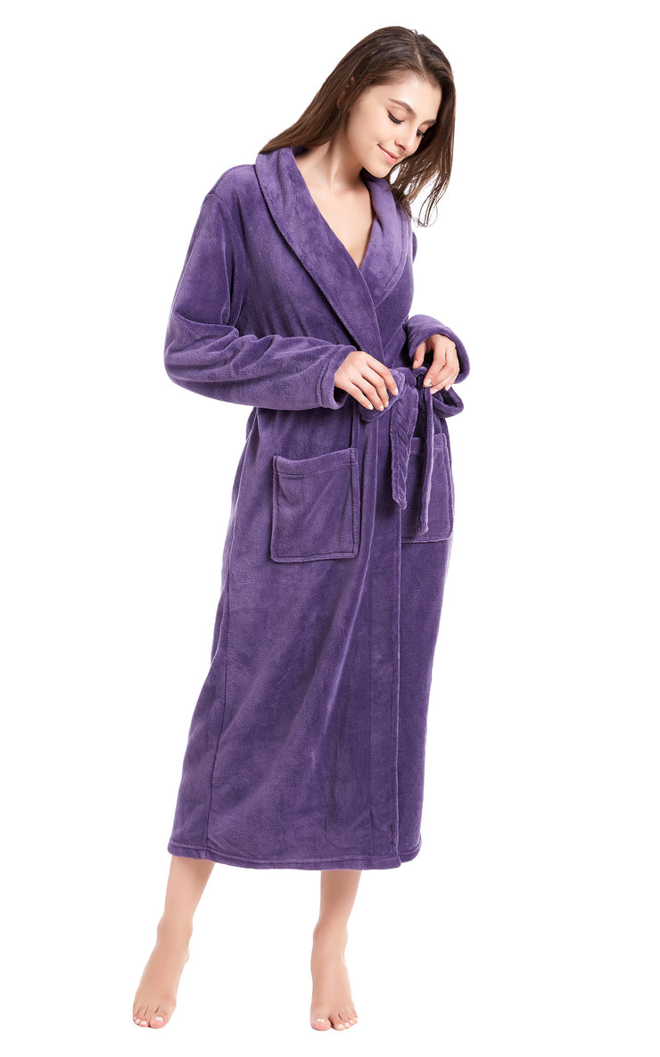 Women's Plush Fleece Robe, Warm Long Bathrobe-Purple (Ship to US Address ONLY)