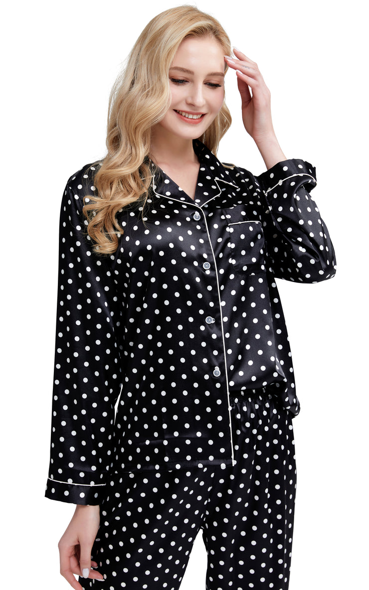 Women's Silk Satin Pajama Set Long Sleeve-Black and White Polka Dot