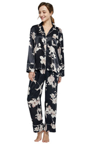 Women's Silk Satin Pajama Set Long Sleeve-Black with Blooms