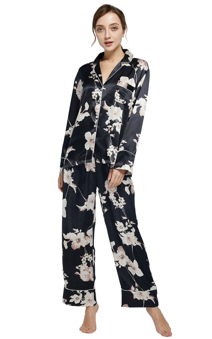Women's Silk Satin Pajama Set Long Sleeve-Black with Blooms