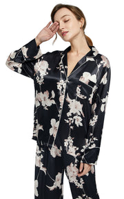 Women's Silk Satin Pajama Set Long Sleeve-Black with Blooms