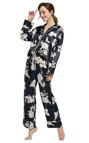 Women's Silk Satin Pajama Set Long Sleeve-Black with Blooms