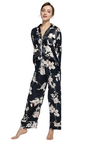 Women's Silk Satin Pajama Set Long Sleeve-Black with Blooms