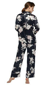 Women's Silk Satin Pajama Set Long Sleeve-Black with Blooms