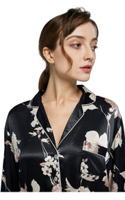 Women's Silk Satin Pajama Set Long Sleeve-Black with Blooms