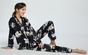 Women's Silk Satin Pajama Set Long Sleeve-Black with Blooms