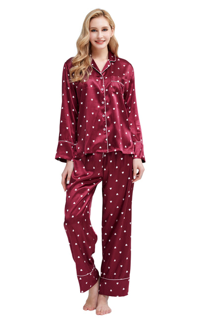 Women's Silk Satin Pajama Set Long Sleeve-Burgundy with Hearts