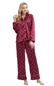 Women's Silk Satin Pajama Set Long Sleeve-Burgundy with Hearts