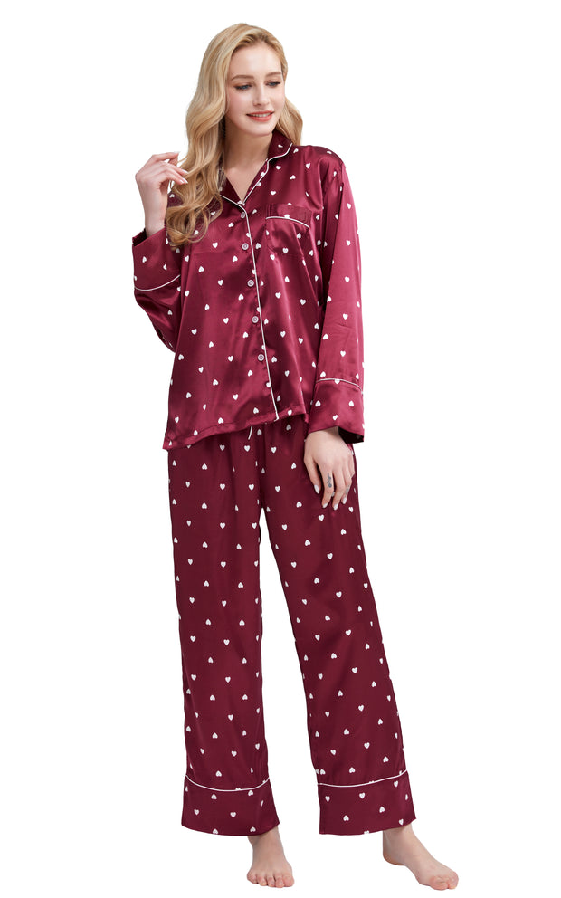 Women's Silk Satin Pajama Set Long Sleeve-Burgundy with Hearts